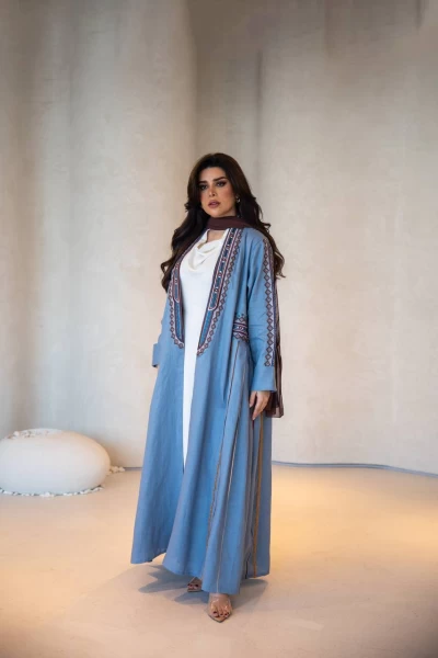 Linen Abaya. Sky blue with embroidery C:IB293 Sky blue